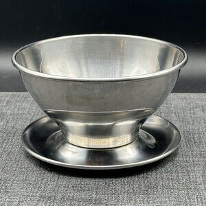 Vtg MCM Stainless Steel Gravy Sauce Boat Bowl w/ Attached Saucer Dish Denmark